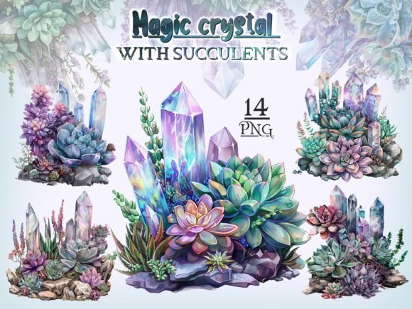 Crystals with Succulents PNG Bundle: A Mystical Addition to Your Design Projects