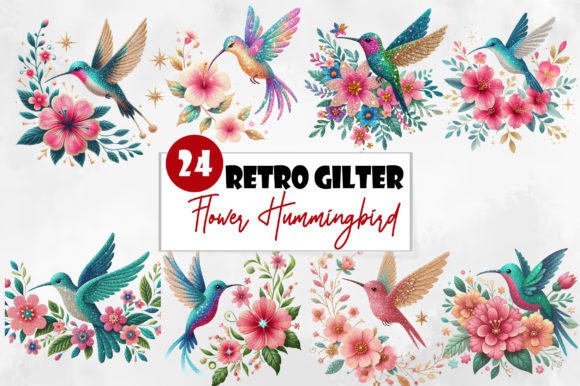 Retro Gilter Flower Hummingbird Clipart