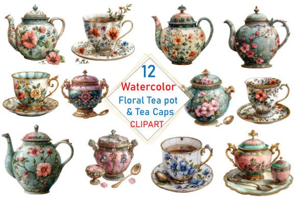Watercolor Floral Teacups Teapots PNG
